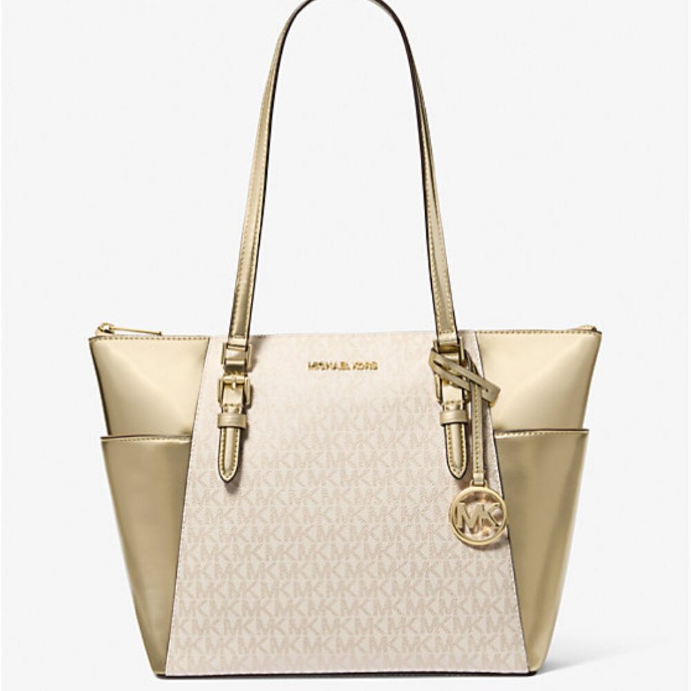 New Michael Kors Charlotte Large Signature Logo and Metallic Tote Bag Pale Gold